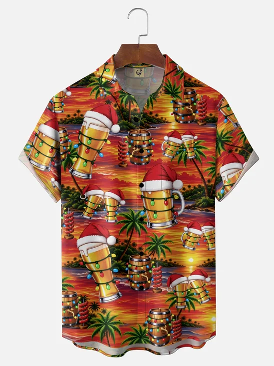 Moisture-Wicking Christmas In July Gradient Coconut Tree & Santa Hat Beer Print Chest Pocket Hawaiian Shirt