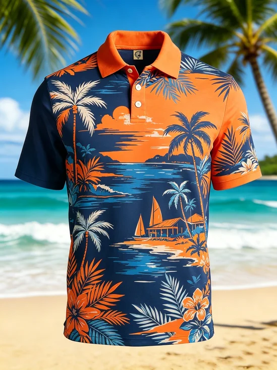 Moisture-Wicking Gradient-Color Palm Tree Beach Sailboat And Floral Print Short-Sleeve Hawaiian Golf Polo