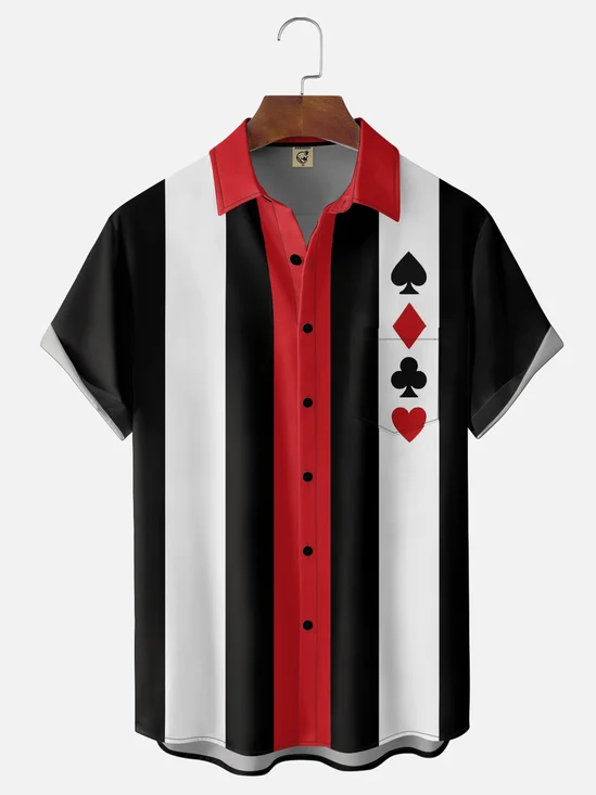 Moisture-Wicking Poker Geometric Color-Block Chest Pocket Bowling Shirt