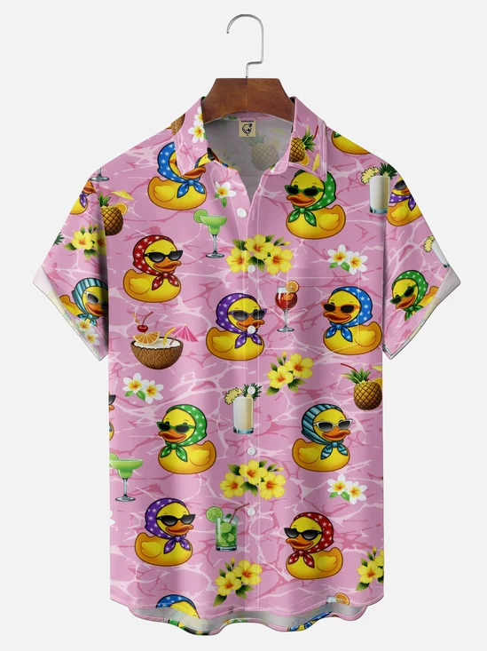 Moisture-Wicking Gradient Cocktail & Plumeria & Little Yellow Duck Print Chest Pocket Hawaiian Shirt