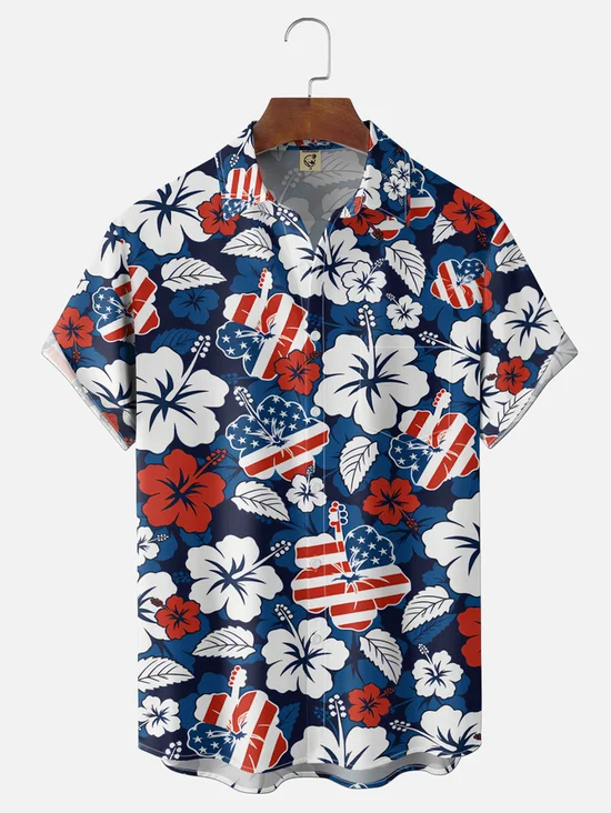 Tall Size Moisture Wicking U.S. Independence Day Anniversary Flag Floral and Botanical Pattern Chest Pocket Holiday Hawaiian Shirt