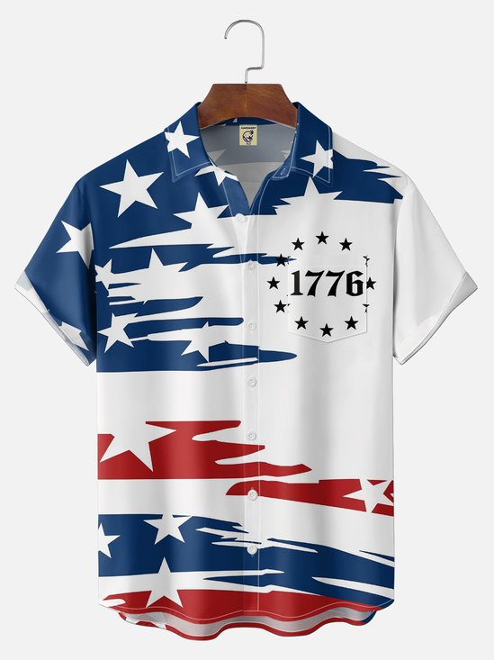 Big Size Moisture-Wicking American Flag 1776 Independence Day Chest Pocket Holiday Hawaiian Shirt