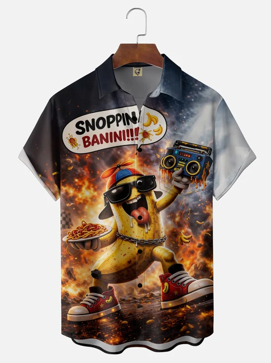 Moisture-Wicking Humorous Quirky Print Flames Banana Man Speakers Chest Pocket Hawaiian Shirt
