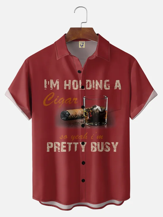 Big Size Moisture-Wicking Humorous & Funny Cigar And Wine Glass Slogan Chest Pocket Hawaiian Shirt