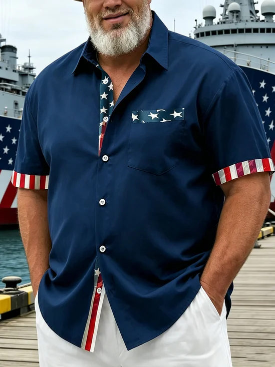 Big Size Moisture Wicking Solid Color Patchwork American Flag  Chest Pocke Holiday Hawaiian Shirt