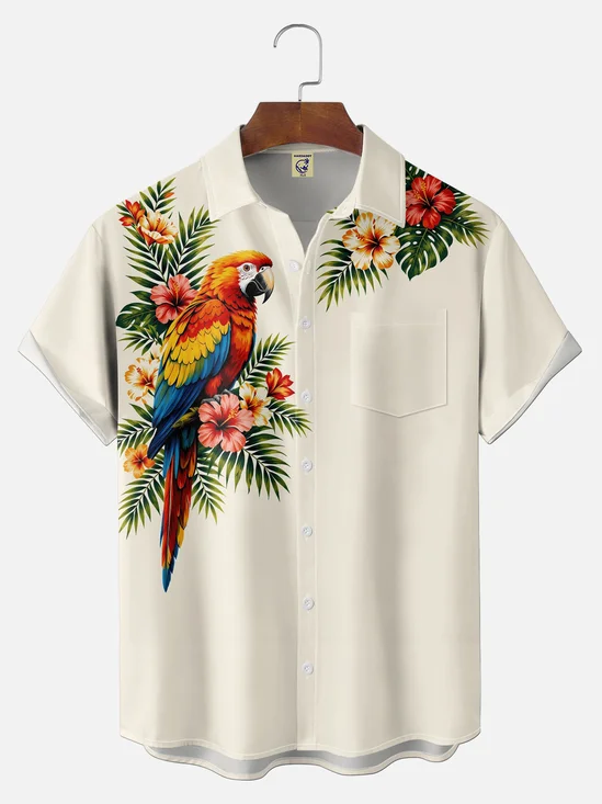 Big Size Moisture-Wicking Gradient Parrot & Tropical Floral Chest Pocket Hawaiian Shirt