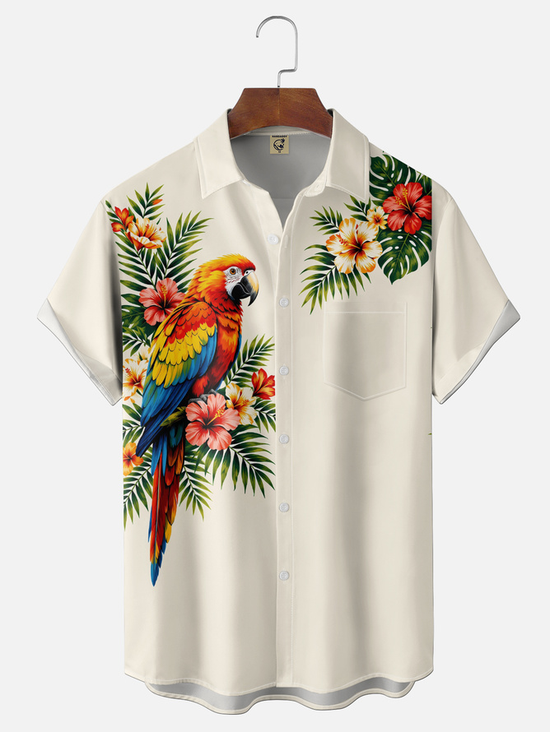 Tall Size Moisture-Wicking Gradient Parrot & Tropical Floral Chest Pocket Hawaiian Shirt