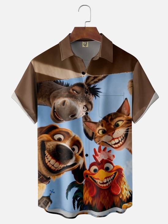 Moisture-Wicking Humorous Quirky Selfie-Style Donkey Rooster Cat & Dog Print Chest Pocket Hawaiian Shirt