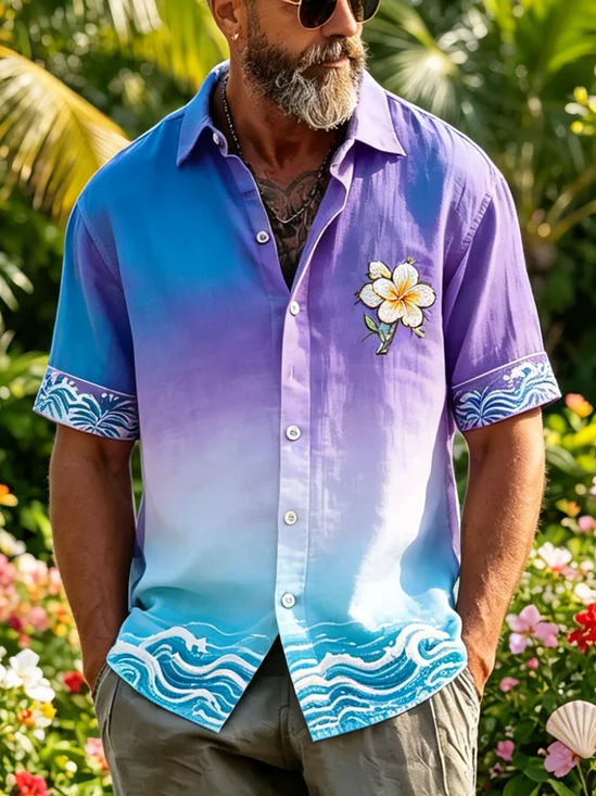 Linen-Texture Tropical Floral Wave Print Chest Pocket Holiday Hawaiian Shirt