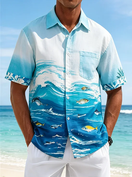 Linen-Texture Tropical Wave & Fish Print Chest Pocket Holiday Hawaiian Shirt