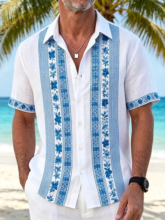 Linen-Texture Abstract Striped Floral Chest Pocket Guayabera Shirt