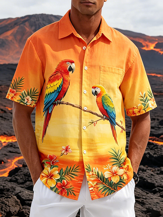 Linen-Texture Tropical Plant Floral Parrot Print Holiday Chest Pocket Hawaiian Shirt