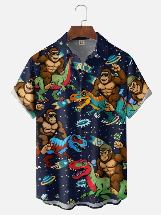 Moisture-Wicking Bigfoot Riding Dinosaur Novelty Holiday Chest Pocket Hawaiian Shirt