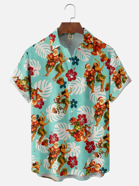 Moisture-Wicking Santa  Hula Girl July Christmas Theme Holiday Chest Pocket Hawaiian Shirt