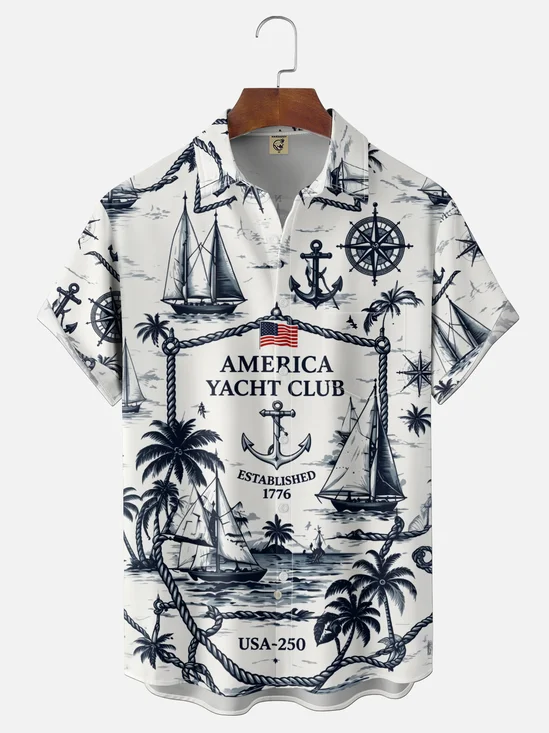 Moisture-Wicking Independence Day 250th Anniversary US Flag Compass Yacht And Coconut Tree Chest Pocket Hawaiian Shirt