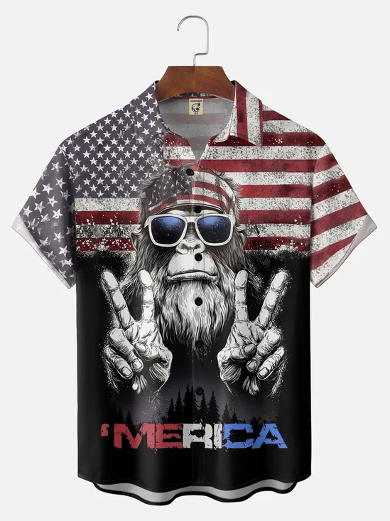 Big Size Moisture-Wicking Gradient-Color Independence Day U.S. Flag & Bigfoot Chest Pocket Hawaiian Shirt