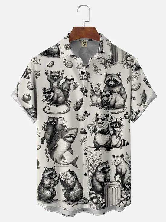 Moisture-Wicking Gradient Line-Art Design Raccoon Shark Watermelon Chest Pocket Hawaiian Shirt