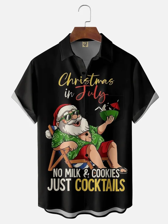 Moisture-Wicking "Christmas in July" Santa  Chest Pocket Holiday Hawaiian Shirt
