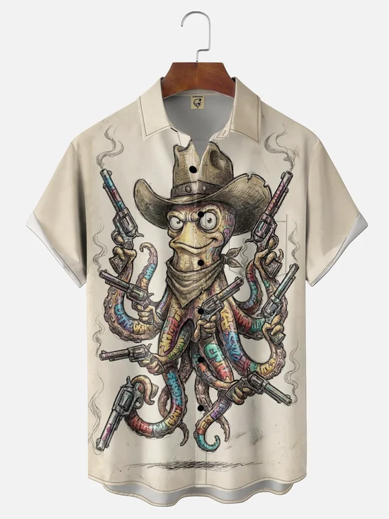 Moisture-Wicking Western Octopus Gunfighter Novelty Chest Pocket Hawaiian Shirt