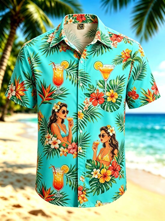 Moisture-Wicking Gradient Tropical Floral & Leaf Print Cocktail & Retro Pin-up Girl  Chest Pocket Hawaiian Shirt
