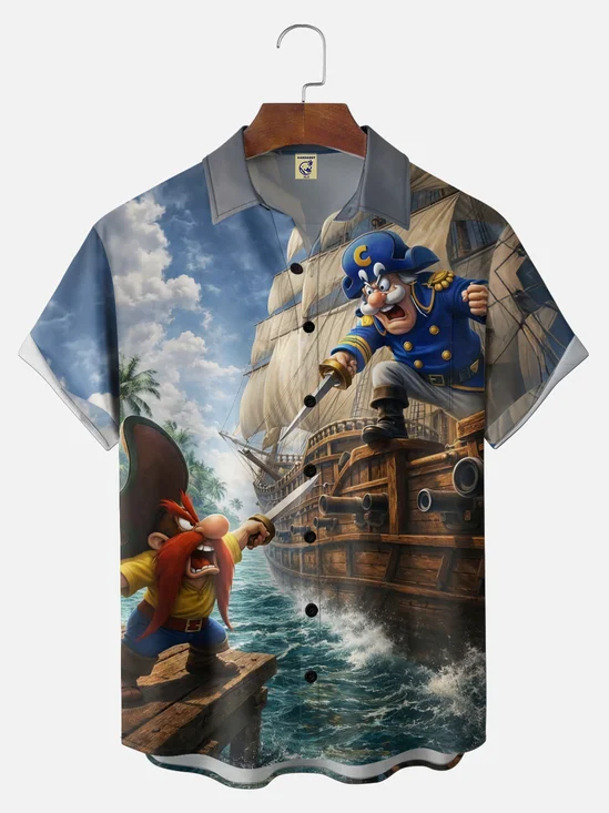 Big Size Moisture-Wicking Gradient-Color Dueling Pirates & Sailboats Design Chest Pocket Hawaiian Shirt