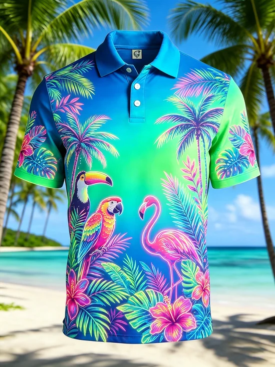 Moisture-Wicking Neon Tropical Print Parrots Flamingos Coconut Trees Flowers Short-Sleeve Hawaiian Golf Polo