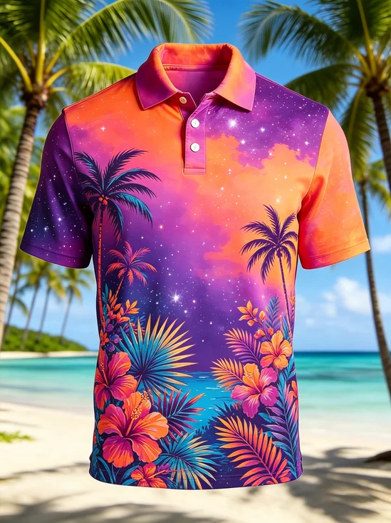 Moisture-Wicking Gradient Palm Tree & Hibiscus Leaf Print Short-Sleeve Hawaiian Golf Polo