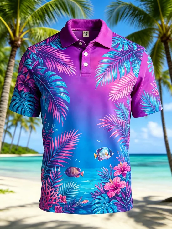 Moisture-Wicking Tropical Leaf & Ombré Print Short-Sleeve Hawaiian Golf Polo