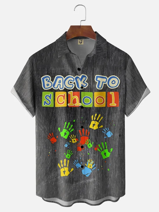 Moisture-Wicking Back-To-School Slogan Print Chest Pocket Hawaiian Shirt