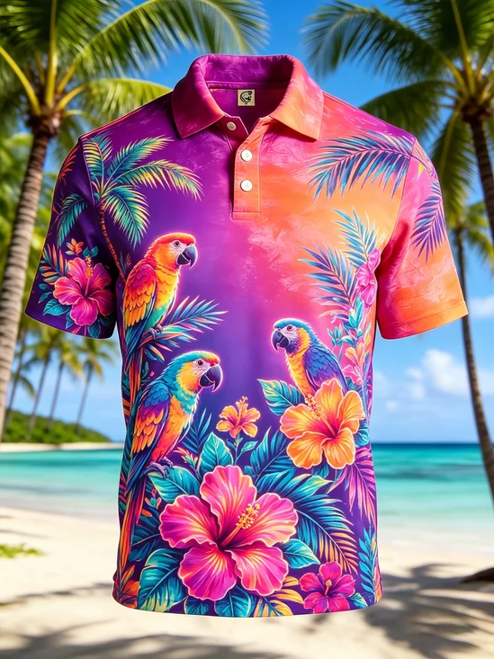 Moisture-Wicking  Tropical Plant & Parrot Leaf Gradient Print Short-Sleeve Hawaiian Golf Polo