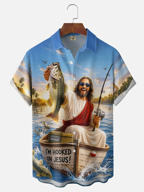 Moisture-Wicking Jesus Fishing Monster Truck Beach Vacation Chest Pocket Holiday Hawaiian Shirt