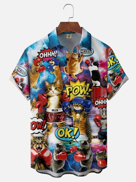 Moisture-Wicking Gradient Boxing Cat Match Chest Pocket Hawaiian Shirt