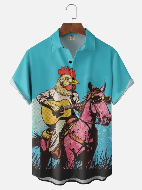 Moisture-Wicking Guitar Playing Chicken Riding Horse Chest Pocket Holiday Hawaiian Shirt