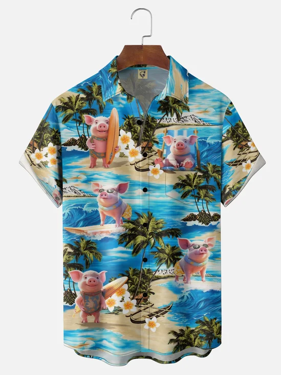 Moisture-Wicking Gradient Coconut Tree & Beach Surfboard Print Chest Pocket  Hawaiian Shirt