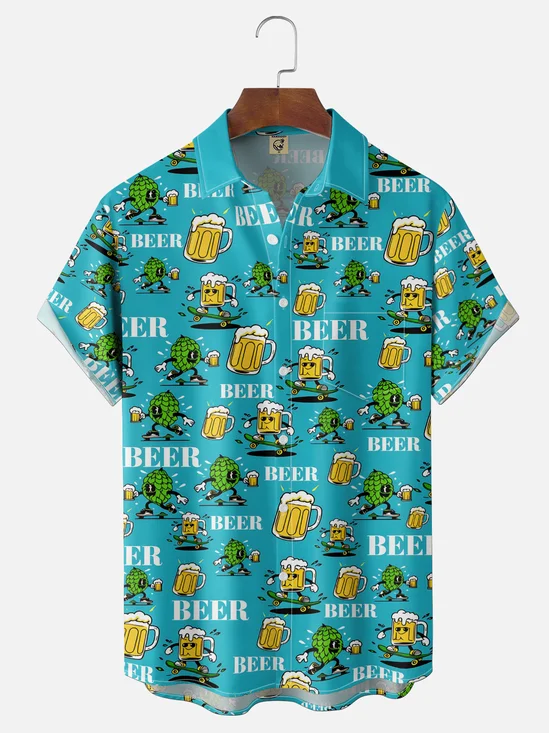 Moisture-Wicking Beer Guy & Skateboard Print Chest Pocket Hawaiian Shirt