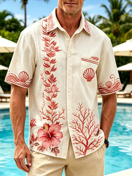 Linen-Texture Tropical Floral  Chest Pocket Holiday Hawaiian Shirt
