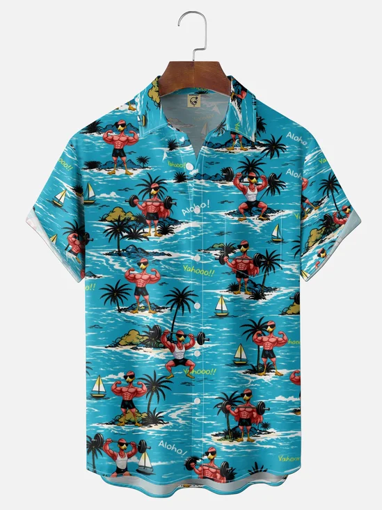 Moisture-Wicking Gradient Fun Fitness Flamingo & Coconut Tree Beach Print Chest Pocket Hawaiian Shirt
