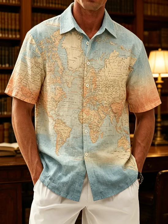 Linen-Texture Vintage Map Print  Chest Pocket Holiday Hawaiian Shirt