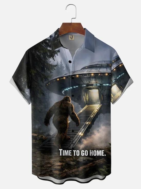 Moisture-Wicking Alien Spaceship Bigfoot Time to Go Home Holiday Chest Pocket Hawaiian shirt.