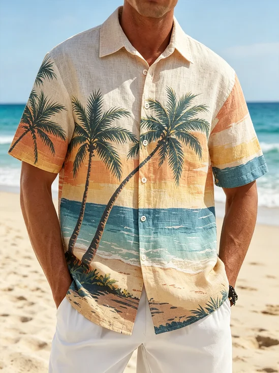 Linen-Texture Tropical Coconut Tree Print Chest Pocket Holiday Hawaiian Shirt