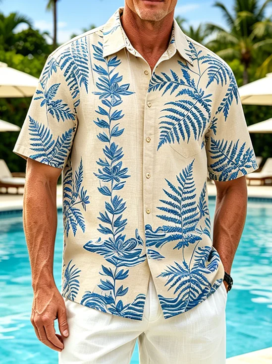 Linen-Texture Tropical Floral Chest Pocket Holiday Hawaiian Shirt