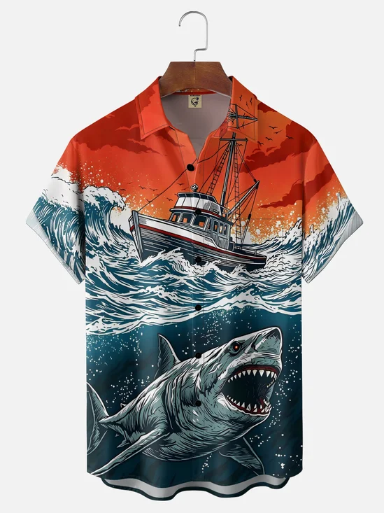 Moisture-Wicking Great White Shark Holiday Chest Pocket Hawaiian Shirt