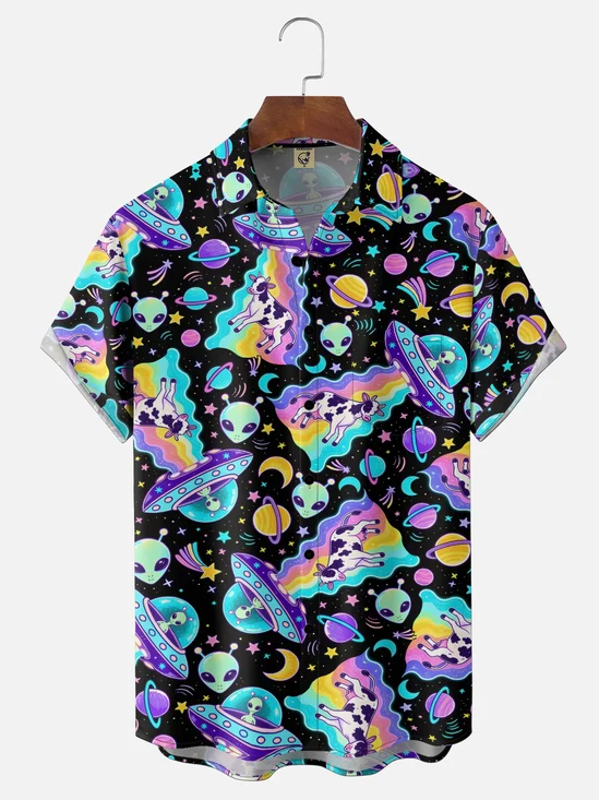 Moisture-Wicking Gradient Rainbow UFO Alien Cow Print Chest Pocket Hawaiian Shirt