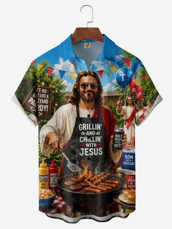 Moisture-Wicking "Jesus BBQ Surf Rock" Vacation Chest Pocket Hawaiian Shirt