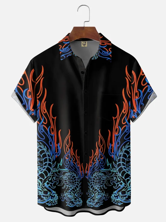 Moisture-Wicking Abstract Flame Dragon Chest Pocket Holiday Hawaiian Shirt