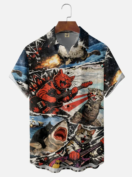 Moisture-Wicking Gradient Rock-Punk Guitar Cat & Retro Shark Poster Print Chest Pocket Hawaiian Shirt