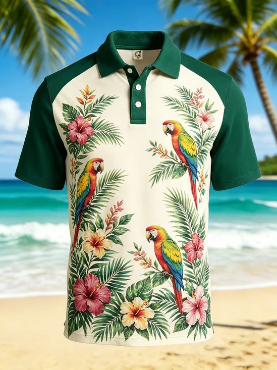 Moisture-Wicking  Tropical Floral & Parrot Gradient Print Short-Sleeve Hawaiian Golf Polo