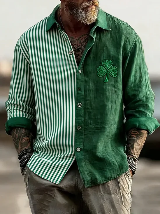 Moisture Wicking St. Patrick's Day Lucky Clover Chest Pocket Holiday Long Sleeved Shirt