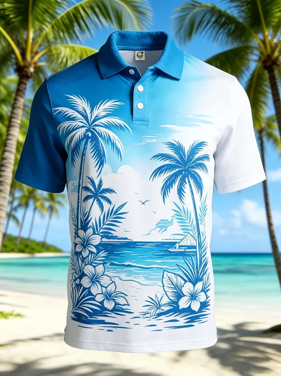 Moisture-Wicking  Gradient Palm Tree & Leaf Print Short-Sleeve Hawaiian Golf Polo