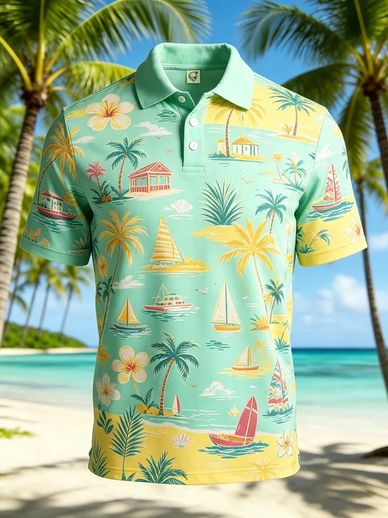 Moisture-Wicking  Gradient Palm Trees Flowers Leaves And Sailboats Short-Sleeve Hawaiian Golf Polo
